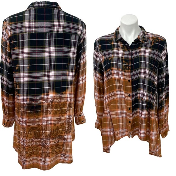 Peace & Pearls Womens Plaid Button Up Sz Large Upcycled Bleach Ombre Stencil - Picture 1 of 12